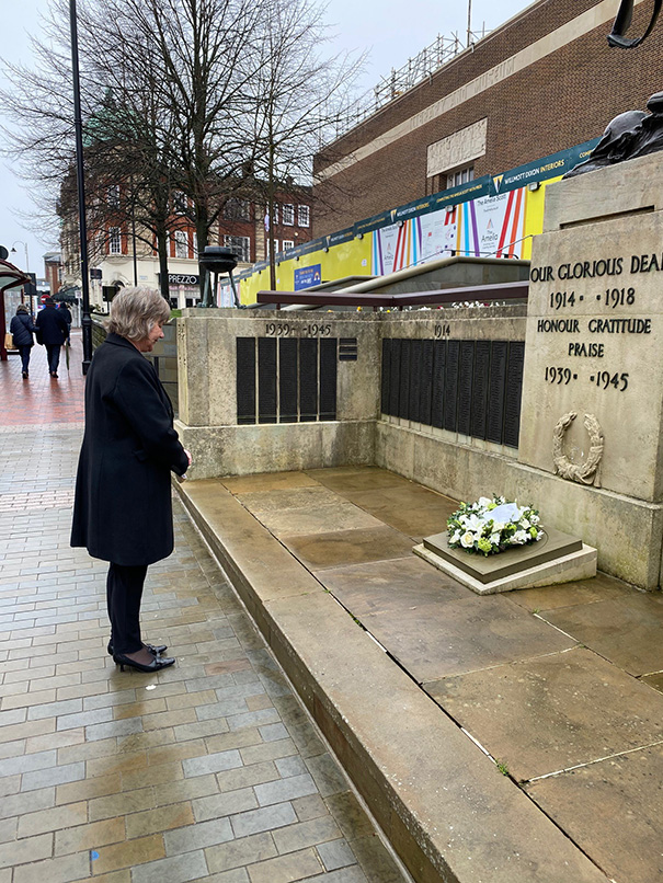 The Mayor of Tunbridge Wells, Councillor Joy Podbury at the War Memorial in Royal Tunbridge Wells