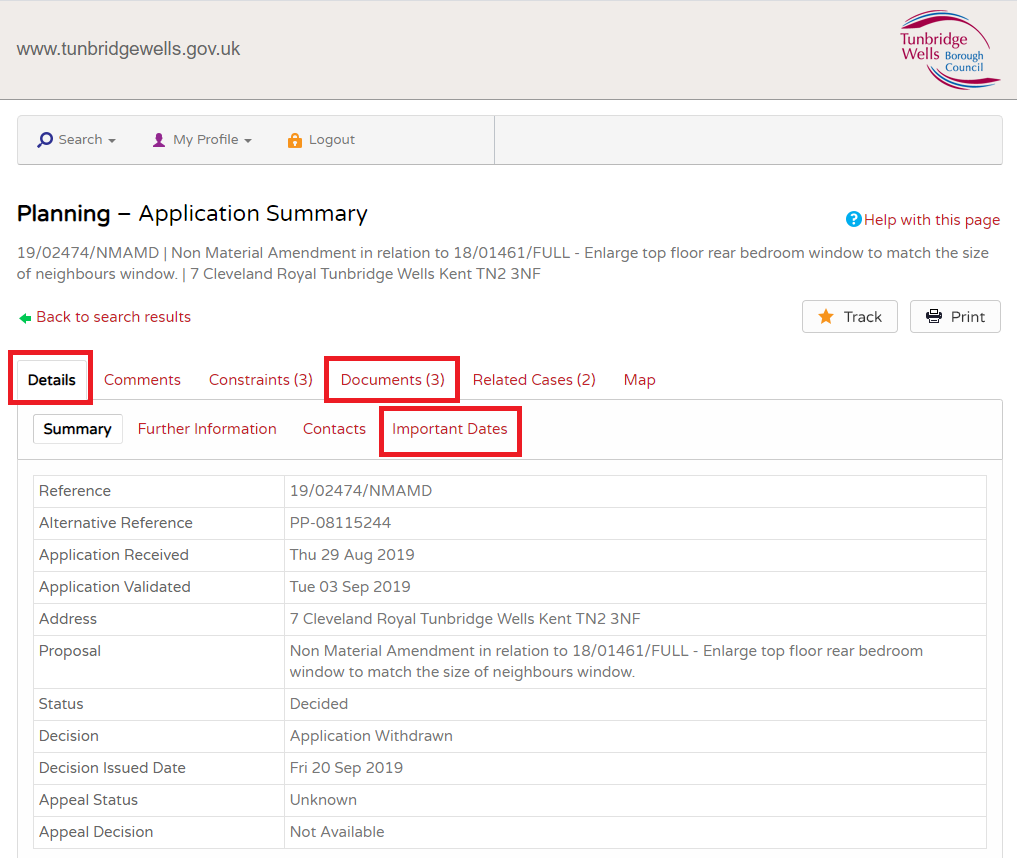 An image showing the planning portal application details screen and highlighting the details, documents and important dates tabs.