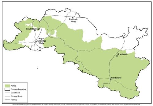 Map illustrating the extent of the High Weald AONB within the Tunbridge Wells Borough