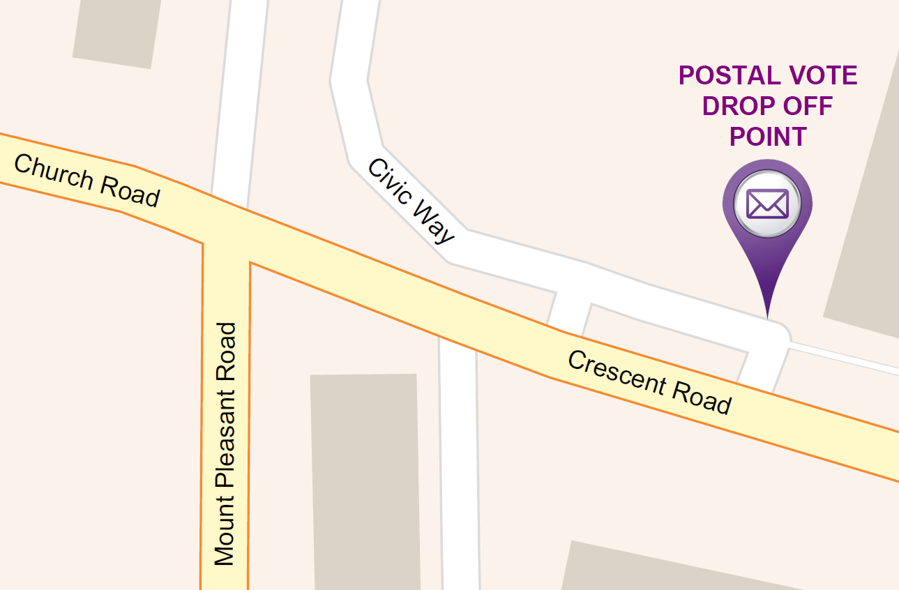 Map showing the location of the postal vote drop off point at the Assembly Hall Theatre in Tunbridge Wells.