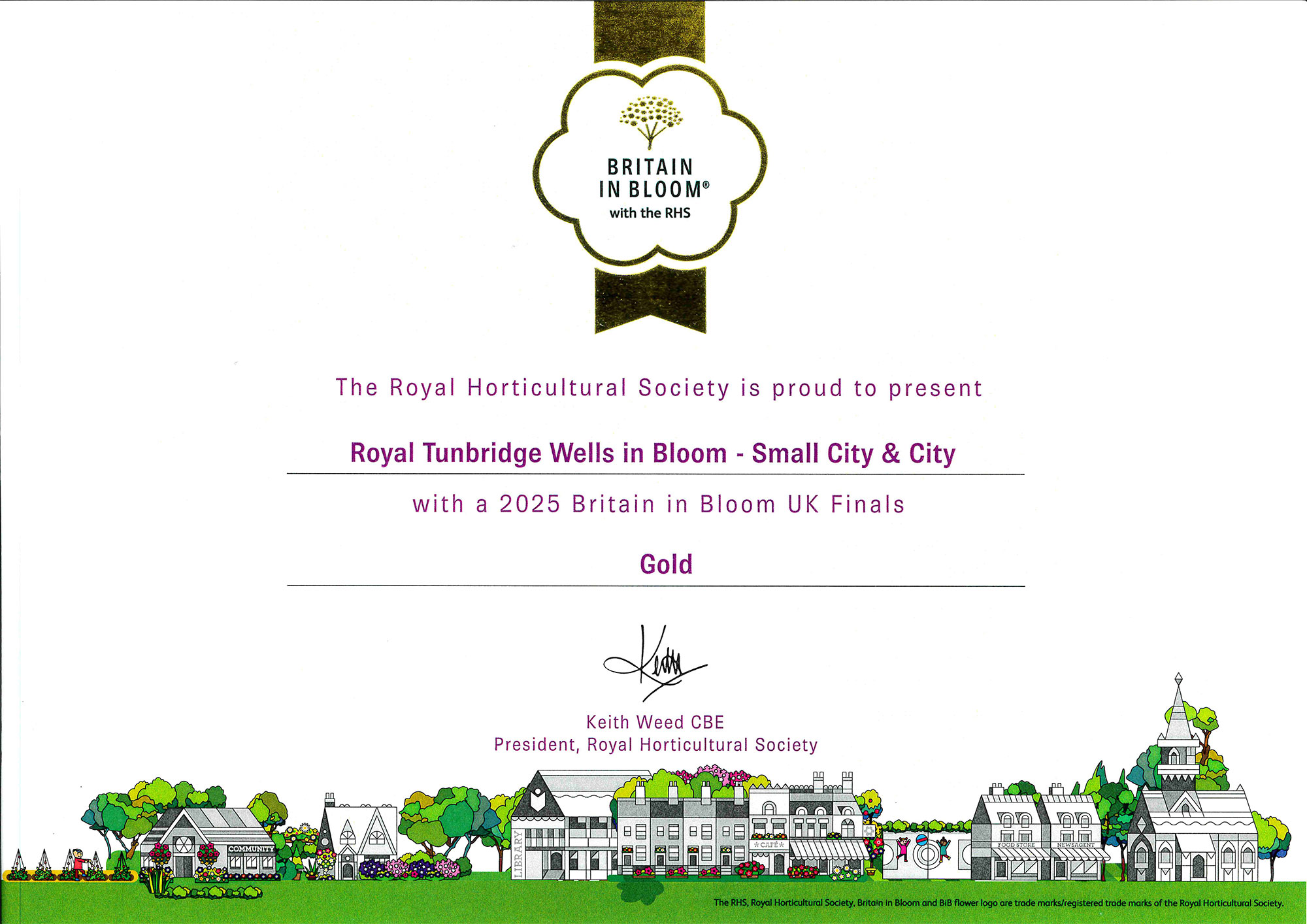 The Royal Horticultural Society is proud to present Royal Tunbridge Wells in Bloom - Small City & City with a 2025 Britain in Bloom UK Finals  Gold